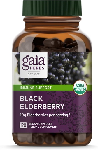 [BRSWGHT4O4NBOCL6] Gaia Herbs Black Elderberry -- -- 帮助支持健康日常免疫辅助剂 -- -- 配有黑色老年莓和Acerola水果抗氧化剂辅助剂* -- -- 120 Vegan Capsules(60天供应)