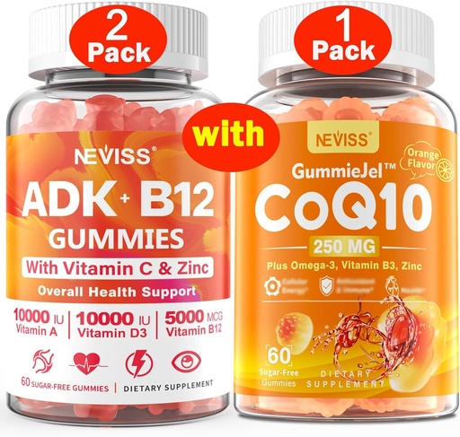 [BRSRAYY5DN5QID3Z] NEVISS 2Pack Vitamin ADK with B12 Gummies + 1Pack CoQ10-250mg Filled Gummies