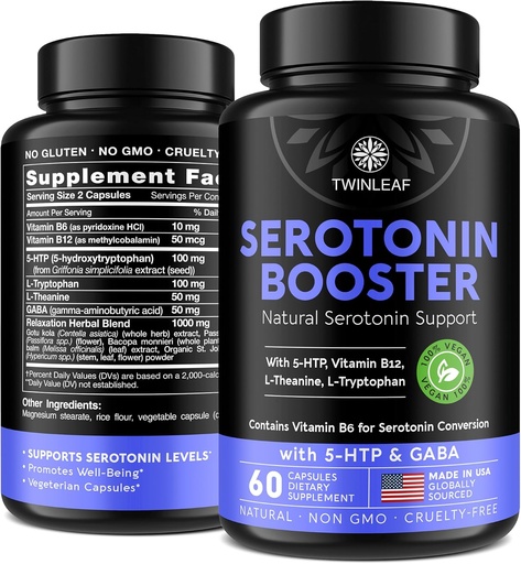 [BRSW2GQ7AENGYDTL] Suplemento natural de serotonina - Hecho en EE.UU. 5HTP Serotonin & Cortisol Manager - Serotonin Booster Vitamin Suplemento para Mujeres con 5-HTP, Vitamina B6, B12, GABA, L Theanine, L Tryptophan - 60 cápsulas