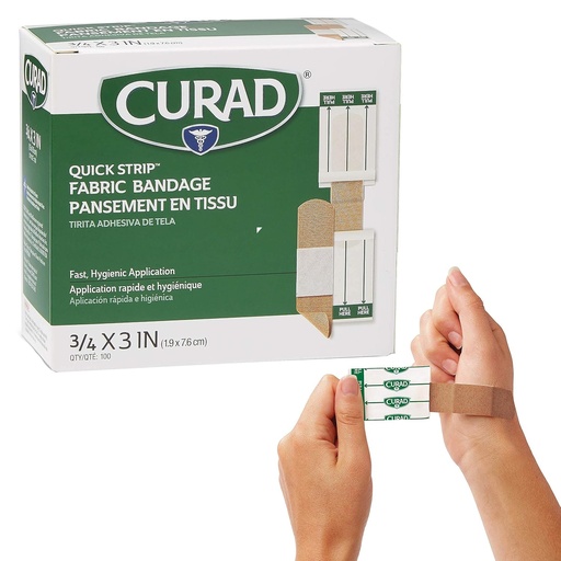 [BRSWGALQAQGQEA33] CURAD Quick Strip Fabric Adhesive Sterile Bandages with Fast Application, 3/4" x 3", Box of 100