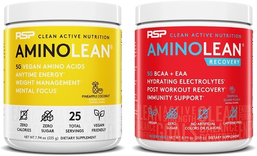 [BRSW2EANAQPAEGT3] RSP NUTRITION Vegan AminoLean Pre Workout Energy (Pineapple Coconut 25 zerbitzatu) AminoLean Recovery Post Workout Boost (Tropical Island Punch 30 zerbitzatu)