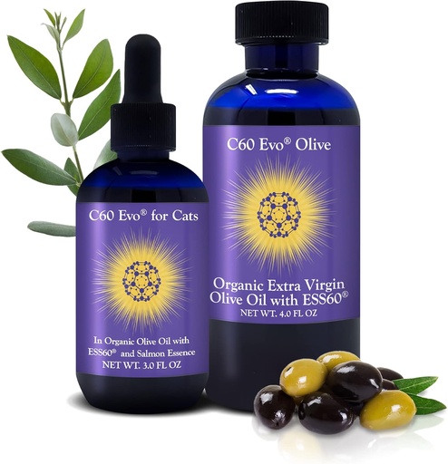 [BRSW2HYHCIAQ2FD2] C60 Evo Cat Lover Set, 2 botila ESS60 purua oliba-olio birjina estran, 1 gizakientzat eta 1 Felinesentzat, Cat Supplements infused in Natural Salmon Essence, Must- Have Pet Supplies and Cat Products