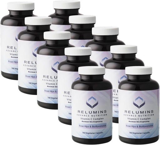 [BRSWIAQEAYIRGF3O] Relumins Advanced Vitamin C Supplement with Rose HIPS – 1000mg of Vitamin C, Immune Support & Collagen Production, Made in USA - 180 Capsules x 10 Bottles
