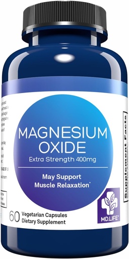 [BRSRAGQQBYFRSCQZ] MD. Life Magnesium Oxide 400mg kapsulak - Magnesium xurgapen handiko osagarria Leg Cramps, Sleep & Vascular Health - 60 kapsulak - GMO ez diren pilulak emakumeentzat