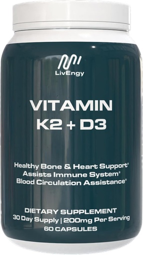 [BRSRAHAOC4FGKHY7] Vitamin K2 D3 Supplement - High-Potency - Supports Bone, Heart, Immune Health - Non-GMO, Gluten-Free, Vegetarian - 60 Capsules (60 Servings) - Premium Quality K2+D3 Formula