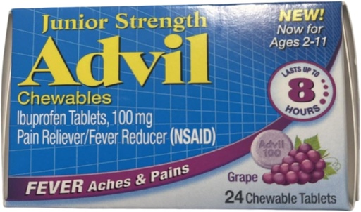 [BRSWIHQLO4EB4E34] Advil Junior Chewable Ibuprofen Tablets, Grape 100mg, 24 Tablets Each (Pack of 4)
