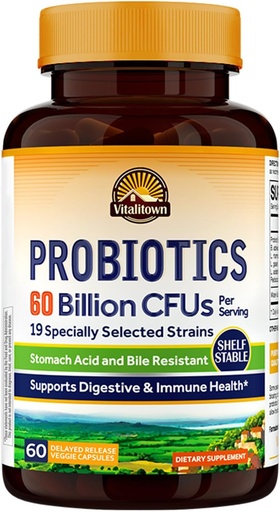 [BRSWGCQPDF6GKD32] Vitalitown Probiotics + Prebiotics | 60 Billion CFUs 19 Strains | 60 Delayed Release Veg Caps | Shelf Stable, Prebiotics and Probiotics | Digestive Health, Immune Health | Vegan, Non-GMO, No Dairy