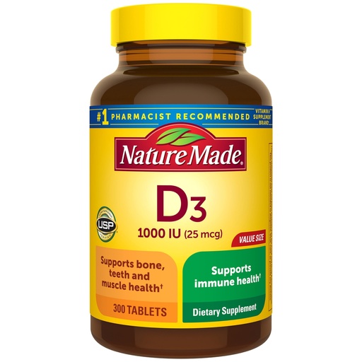 [BRSWIZQOBEPRA2Y5] Nature Made Vitamin D3 1000 IU (25 mcg), Vitamin D Supplement for Bone, Teeth, Muscle and Immune Health Support, 300 Tablets, 300 Day Supply