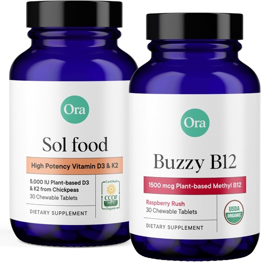 [BRSROHTQCUNROYA3] Ora Organic Vitamin D3 5000IU + K2 & Vitamin D3 2000IU Bundle: Vegan Vitamin D from Lichen and K2 from Chickpeas, 30 Chewable Tablets + Vegan Vitamin D from Lichen for Bone Health, 30 Vegan Tablets
