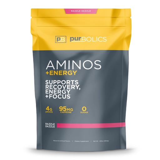 [BRSWGYAEB4CG2EQ4] Purbolics Aminos + Energy | Supports Recovery, Energy & Focus | 95mg of Caffeine, 0 Sugar & 60 Servings (Razzle Dazzle)