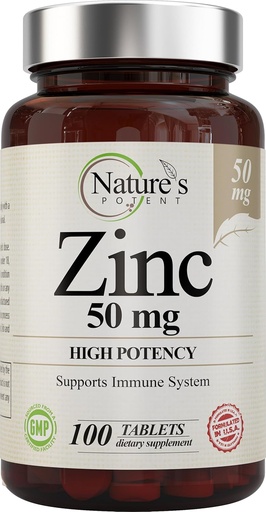 [BRSWKFAKAUDB2FY7] Zinc 50mg [High Potency] Supplement - Immune Support System from Natural Zinc (Oxide/Citrate) 100 Tablets, Made by Nature’s Potent.