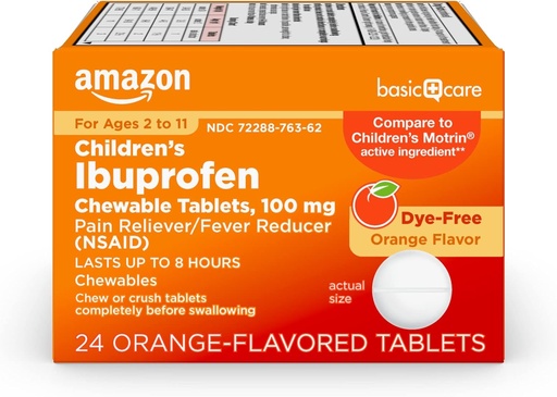 [BRSWGAYTPIARS2QY] Ibuprofen Chewable Tablets per bambini, Riduttore di dolore e febbre, Aroma arancione, Età 2-11, Dura fino a 8 ore, 100 mg, 24 conte