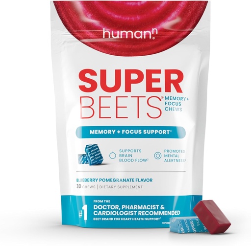 [BRSWYBQPOUMAYCYV] HumanN SuperBeets Mozkové doplňky pro paměti a Focus Chews, Duševní ostražitost, Klinicky studoval Nootropics, Resveratrol dodatek Plus řepkový kořenový prášek, Blueberry Pomegranate Flavor, 30 Počet