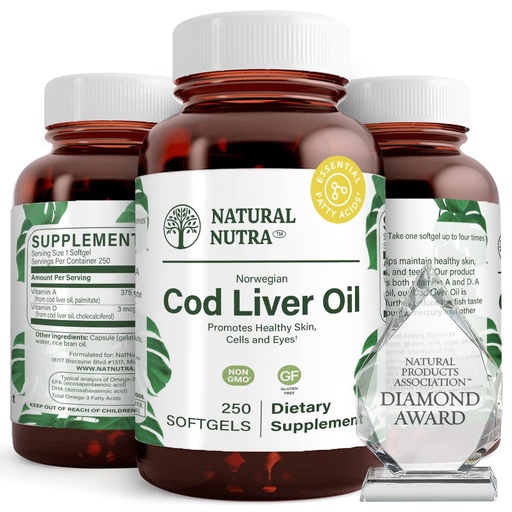 [BRSWGEAEB56QYFY2] Natural Nutra Norwegian Cod Liver Oil Supplement, Helps to Maintain Skin, Helps Maintain Body Density, Eye Health & Nerve Function, Promotes Dental Health, Supports Cardiovascular Health, 250 Softgels