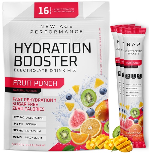 [BRSRAZ35DMOW2DT3] New Age Performance Hydration Packets, Electrolytes Powder, Liquid Enhancer for Dehydration Relief, L-Glutamine Amino Acids for Muscle Workout Recovery, Sugar Free & 0 Calorie, 16 Sticks (Fruit Punch)