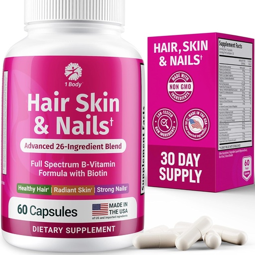 [BRSWKZINC4FQKFLA] 1 Body Hair Skin and Nails Vitamins with Biotin – 26 비타민, 미네랄 및 허브 추출물이있는 여성 및 남성을위한 머리 성장 보충 – 더 강한 헤어, 건강한 피부 및 손톱 – 60 Vegan 캡슐