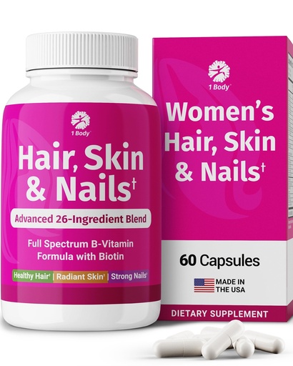 [BRSWKZINC4FQKFLA] 1 Body Hair Skin and Nails Vitamins with Biotin – Hair Growth Supplement for Women & Men with 26 Vitamins, Minerals & Herbal Extracts – Stronger Hair, Healthy Skin & Nails – 60 Vegan Capsules