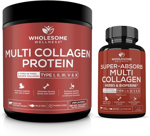 [BRSROBTROEHQOA3A] Wholesome Wellness Multi Collagen Protein Powder Hydrolyzed (Type I II III V X) + Super-Absorb Multi Collagen Pills (Type I II III V X) Bundle