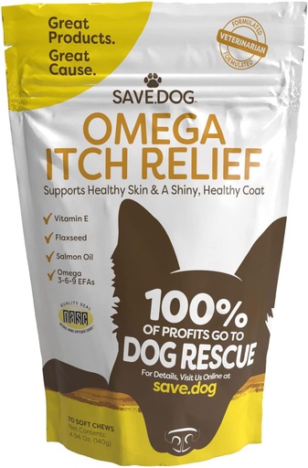 [BRSRMZYQB4MGOADA] SAVE.DOG Omega Itch Relief for Dogs – Healthy Skin and Coat Supplement with Vitamin E, Flax Oil, and Salmon Oil for Itch Relief - Pet Supplement with a Cause (70 Chews)