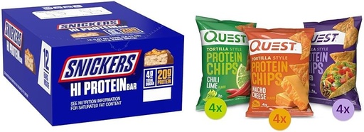 [BRSRAYYYBYBBOGTG] SNICKERS Hi Protein Peanut Caramel Bar Bulk Box, Quest Tortilla Protein Chips Variety Pack
