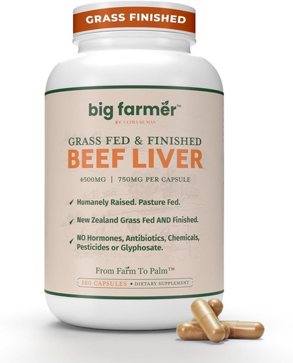 [BRSRAHY3DEAWOETA] Ultra Human Big Farmer Grass-Fed & Finished Beef Liver Capsules – 180 Ct, Supports Energy, Detox, Digestion & Immunity, Non-GMO Desiccated Beef Organ Supplement for Liver Health & Full-Body Wellness