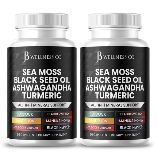 [BRSROFL4OAAWGFA7] Sea Moss Black Seed Oil Ashwagandha Turmeric Bladderwrack Burdock - with Manuka, Honey Dandelion, ACV Black Pepper Gluten Free- 120 Count