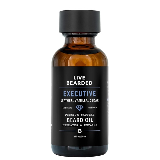 [BRSWGHYKCAGR4FD2] Live Bearded Beard Oil, 1 fl oz - Premium All-Natural Jojoba - Made in the USA - Hair and Skin Care for Men with Dry, Flaky Patches | Executive Scent - Cedar, Vanilla