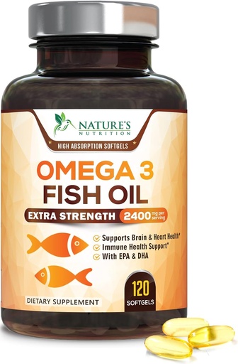 [BRSWG2Q6DECRA2DB] Omega 3 Fish Oil 2400 mg - Triple Force EPA & DHA Fatty Acids for Heart, Brain & Joint Support - Wild- Caught, Burless, Lemon Flavor Supplement - Natural, Non-GMO, Gluten- Free - 120 Softgels