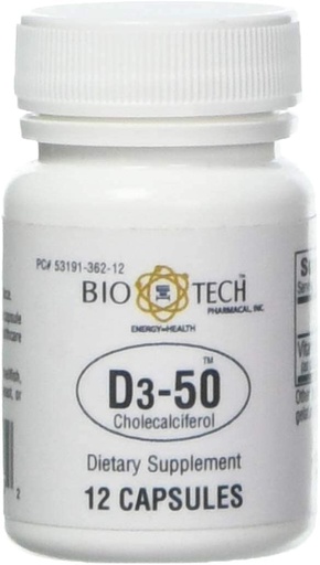 [BRSWIG3YA4BGIDT4] Bio-Tech Pharmacal D3-50 50,000 IU, 12 Capsules – All-Natural Supplement – Supports Bone & Immune Health – No Dairy, Fish, Gluten, Peanut, Shellfish, & Soy