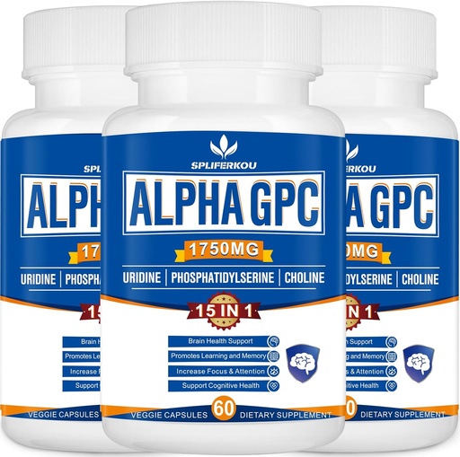 [BRSROCY5OIBROADB] 15-in-1 Alpha GPC Supplement with Phosphatidylserine, Uridine, L-Theanine, Lion's Mane Mushroom, 180 Capsules