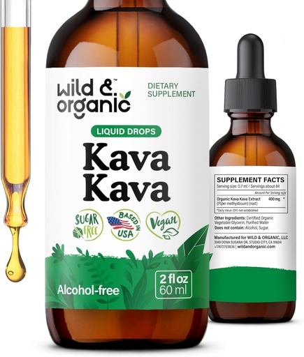 [BRSRAGQFDMHB4E3Z] Wild & Organic Kava Kava Tincture 400 mg - Mood Support - Calming Root Extract Liquid Drops - 2 - Måned Supply - Vegan, Sugar & Alcohol- Free Drops - 2 fl oz