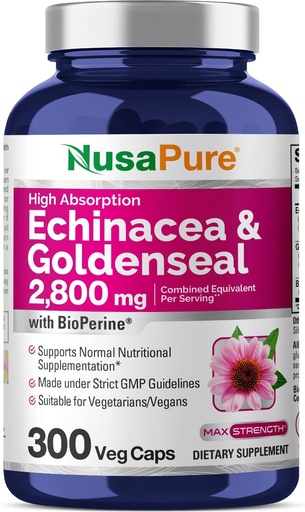 [BRSWGGQRCN5RAAD5] NusaPure Echinacea Goldenseal 200mg (Extracto 10:1, Equivalente a 2.000mg), 200mg, (Extracto 4:1, Equivalente a 800mg) - 2800mg 300 cápsulas Veggie (Vegetarian, Non-GMO, Vegan)