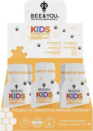 [BRSRAZIYCF7RE2Y3] Bee and You Kids Propolis Immune Day Time Shot - пробиотик, витамин С, витамин D3, цинк, иммунная поддержка, здоровье кишечника, пищеварительное здоровье, 1,69 Fl. oz, 12 Pack