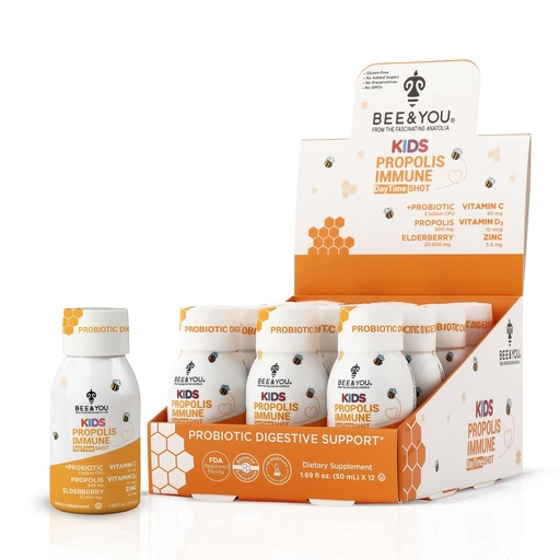 [BRSRAZIYCF7RE2Y3] Bee and You Kids Propolis Immune Day Time Shot - Probiotic, Vitamin C, Vitamin D3, Zinc, Immune Support, Gut Health, Digestive Health, 1.69 Fl. oz, 12 Pack