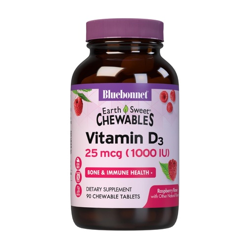 [BRSWIYAHCUEGMET2] Bluebonnet Nutrition EarthSweet Vitamin D3 1000IU - Bone & Immune Support Supplement - Raspberry Chewable Vitamin D Supplement for Women & Men - Soy-Free, Gluten-Free, Non-GMO - 90 Tablets