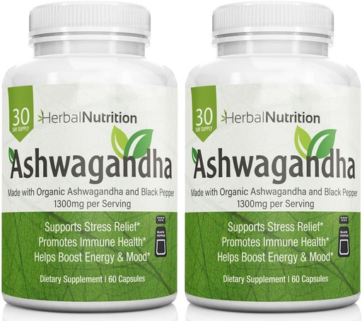 [BRSWYEIDBAFG23Y2] Herbal Nutrition Organic Ashwagandha 1300mg Max Strength, Two Bottle Pack, 120 Capsules Plus Black Pepper for Bioavailability