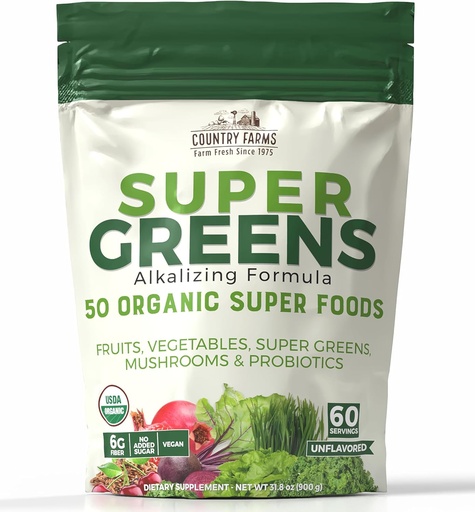 [BRSRMALYCEBQ2AY6] Χώρα Αγροκτήματα Super Greens Φυσική Γεύση, 50 Βιολογικά Super Foods, USDA Βιολογικό Μείγμα Ποτού, Φρούτα, Λαχανικά, Σούπερ Πράσινοι, με Ίνες, Μανιτάρια & Προβιοτικά, Υποστηρίζει Ενέργεια, 60 Υπηρεσίες, 900g