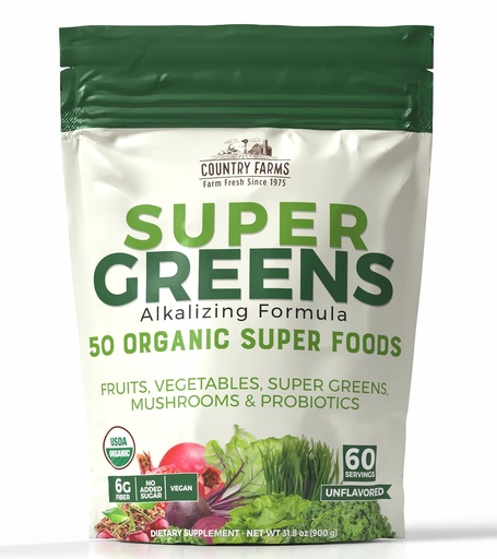 [BRSRMALYCEBQ2AY6] Country Farms Super Greens Natural Flavor, 50 Organic Super Foods, USDA Organic Drink Mix, Fruits, Vegetables, Super Greens, with Fiber, Mushrooms & Probiotics, Supports Energy, 60 Servings, 900g