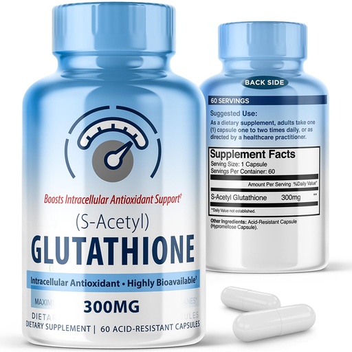 [BRSW2A33BFYBGH3A] S-Acetyl L-Glutathione 300mg - 60 Acid-Resistant Capsules, High Bioavailability S Acetyl Glutathione Supplement for Cellular Wellness & Skin Support, Pure L-Glutathione Antioxidant Support Capsules