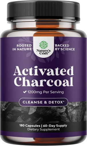 [BRSWYZTQB5YAM3TD] Natures Craft Activated Charcoal Pills Detox & Cleanse - Purifying Coconut Capsules with 1200 mg Per Serving for Bloating Relief - Active Detox Supplement for Body & Gut Health -180 Count