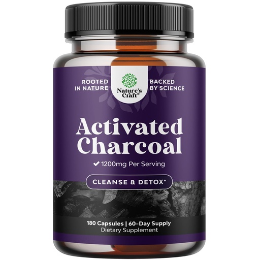 [BRSWYZTQB5YAM3TD] Natures Craft Activated Charcoal Pills Detox & Cleanse - Purifying Coconut Capsules with 1200 mg Per Serving for Bloating Relief - Active Detox Supplement for Body & Gut Health -180 Count