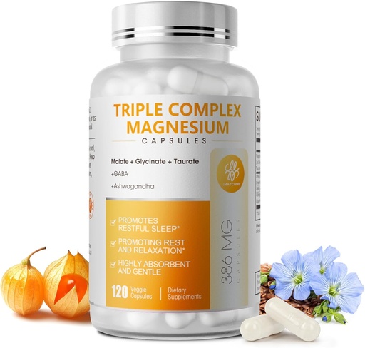 [BRSRAHAYAFYA2FI4] Tripla Magnesio Complesso - Magnesio Glycinate, Taurate & Malate Supplemento con Omega3, Ashwagandha, GABA per il sonno, Cuore del cervello & supporto muscolare - Alta assorbimento e Gentle, Vegan, 120 capsule