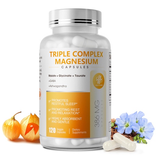[BRSRAHAYAFYA2FI4] Triple Magnesium Complex - Magnesium Glycinate, Taurate & Malate Supplement with Omega3, Ashwagandha, GABA for Sleep, Brain Heart & Muscle Support - High Absorption and Gentle, Vegan, 120 Capsules