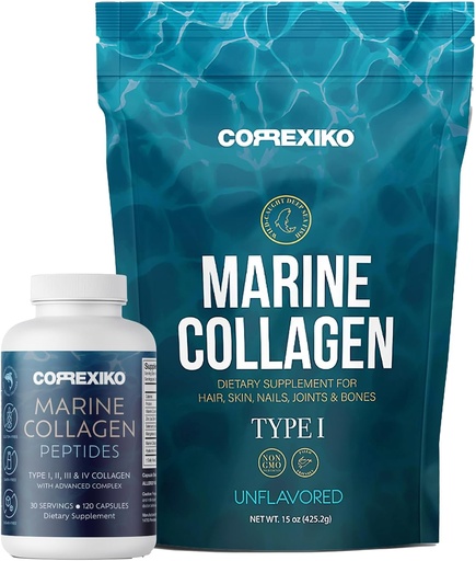 [BRSWYAT3PMOWEHYZ] CORREXIKO Supplément de collagène marin Pills & Powder Bundle 1 mois d'approvisionnement - Comprend 10 000mg Double poudre de collagène hydrolysée 15oz & 1800mg Collagène Peptides 120 Capsules - pour cheveux, peau et ongles