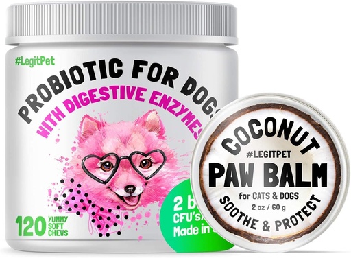 [BRSWYBQKB5YGEETO] LEGITPET Probiotics for Dogs with Natural Digestive Enzymes + Prebiotics for Allergy & Itch Relief 120 Soft Chews and Paw Balm Wax Soother & Moisturizer Cream with Natural Coconut Oil 2oz Bundle