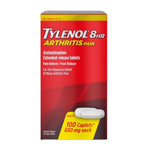 [BRSWIZL6CUIAOADU] Tylenol 8 Hour Arthritis Pain Extended Fast, Strong Pain Relief Caplets, Acetaminophen 650 mg Each, Relieves Minor Arthritis and Joint Pain, Fever Reducer, Gentle on Stomach, 100 Count