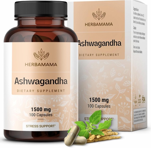 [BRSWGA35OUOQGGQ6] HERBAMAMA Ashwagandha Capsules - 1500mg Pure Ashwagandha Root Focus Supplement - Vegan, Non-GMO Mood & Calm Support Supplement for Adults, 100 Caps