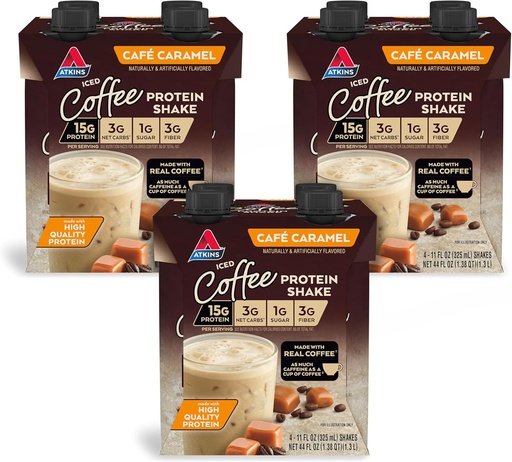 [BRSW2ED6DF7AGHTK] Atkins Café Caramel Iced Coffee Arvored Protein Shake, High Protein Shake, faible glycémie, faible teneur en glucides et faible teneur en sucre, Keto Friendly, sans gluten, 12 Compte