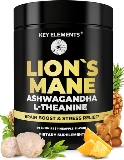 [BRSROBAHBUARSEY6] High Strength Extract Organic Lion's Mane Mushroom Gummies with Ashwagandha & L-Theanine - Potent Lion's Mane Brain Supplements for Memory & Relaxation - Mushroom Gummies for Focus
