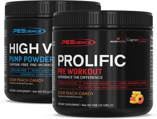 [BRSRMAAHCEIGA2DO] PEScience Pre Workout Stack – Prolific & High Volume, Sour Peach Candy, Nitric Oxide Booster – 40 & 36 Scoops, L Arginine Nitrate, L Citrulline, Pre Workout Powder for Men & Women